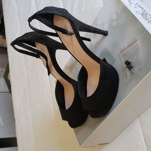 Black Marilyn Monroe Ice Glitter Ankle Strap Stilleto Pumps